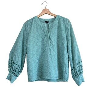 Petite Ann Taylor Size M Shirt Aqua Embroidered Balloon Sleeve Seafoam Green